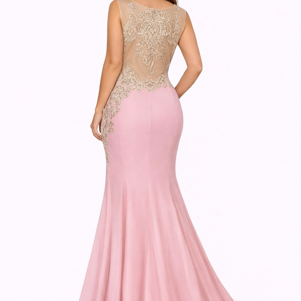 Blush Pink & Gold Lace Mermaid Evening Dress – Formal Gown